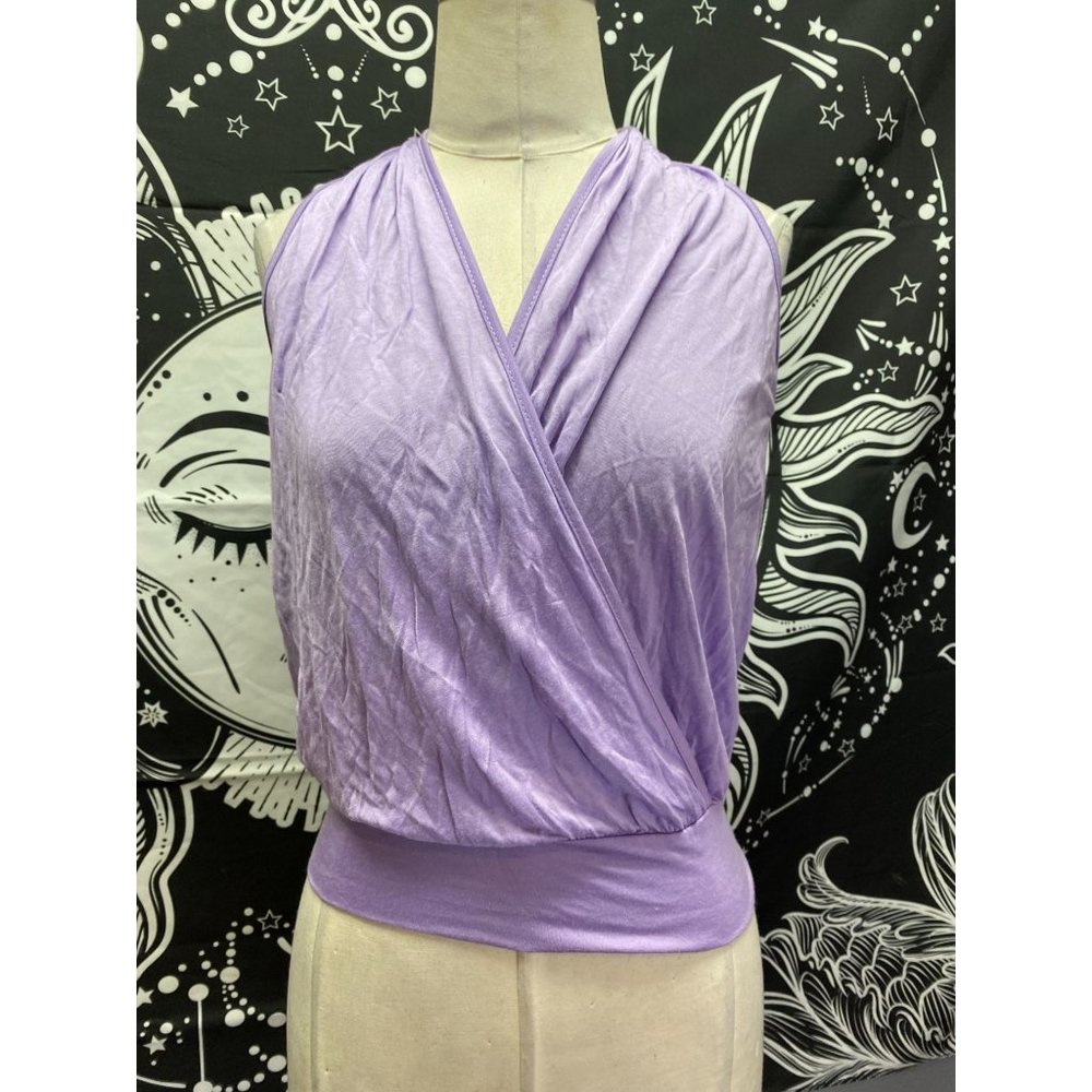 NWT Designer Laltramoda purple sleeveless wrap look top open low cut back  S